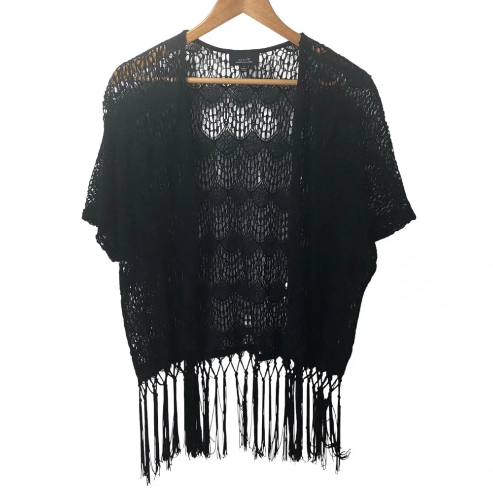 Active Whimsigoth Sz S Black Crochet Boho Fringe Sweater Shrug Cardigan Cotton